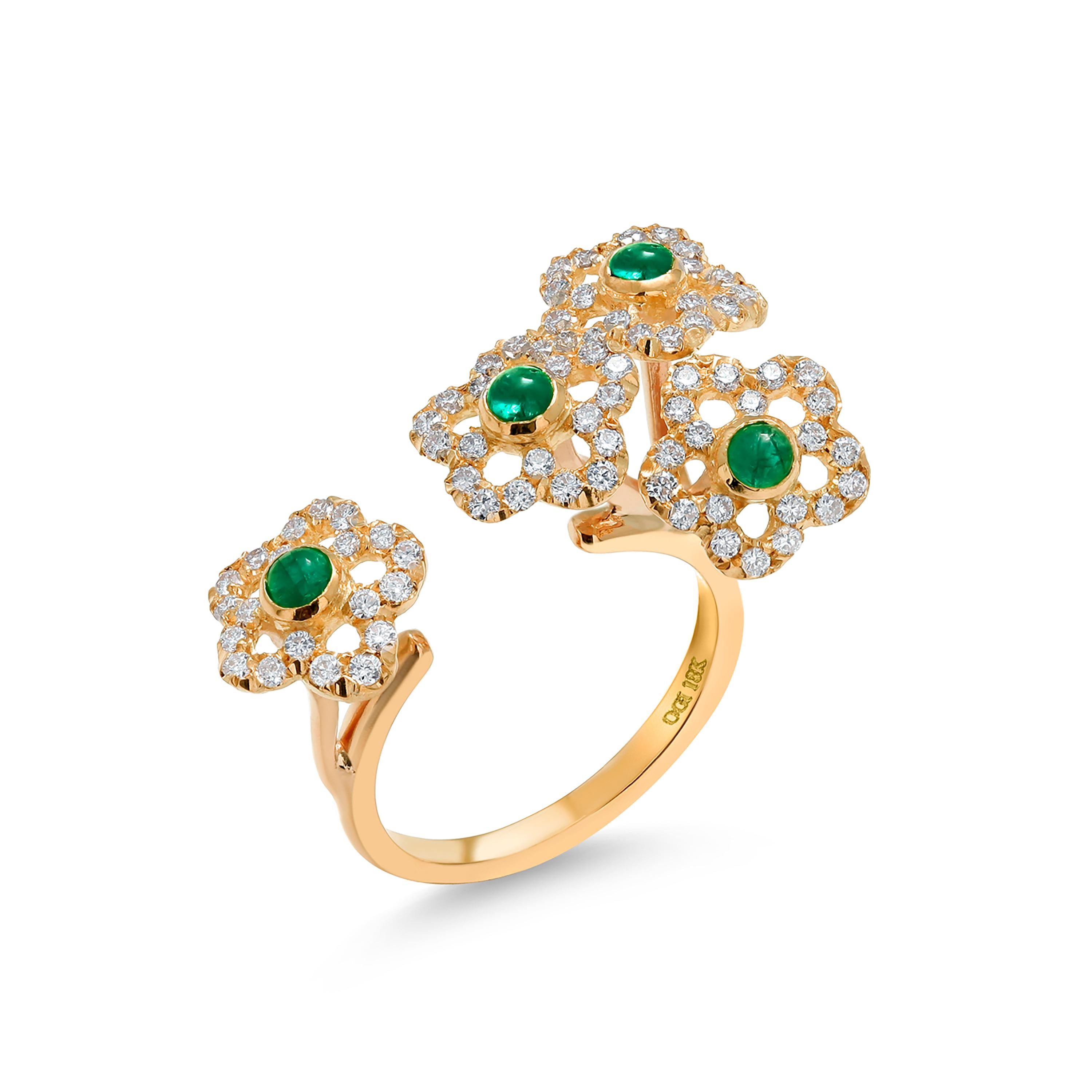 Round Cut Eighteen Karat Yellow Gold Split Shank Cabochon Emerald and Diamond Cluster Ring