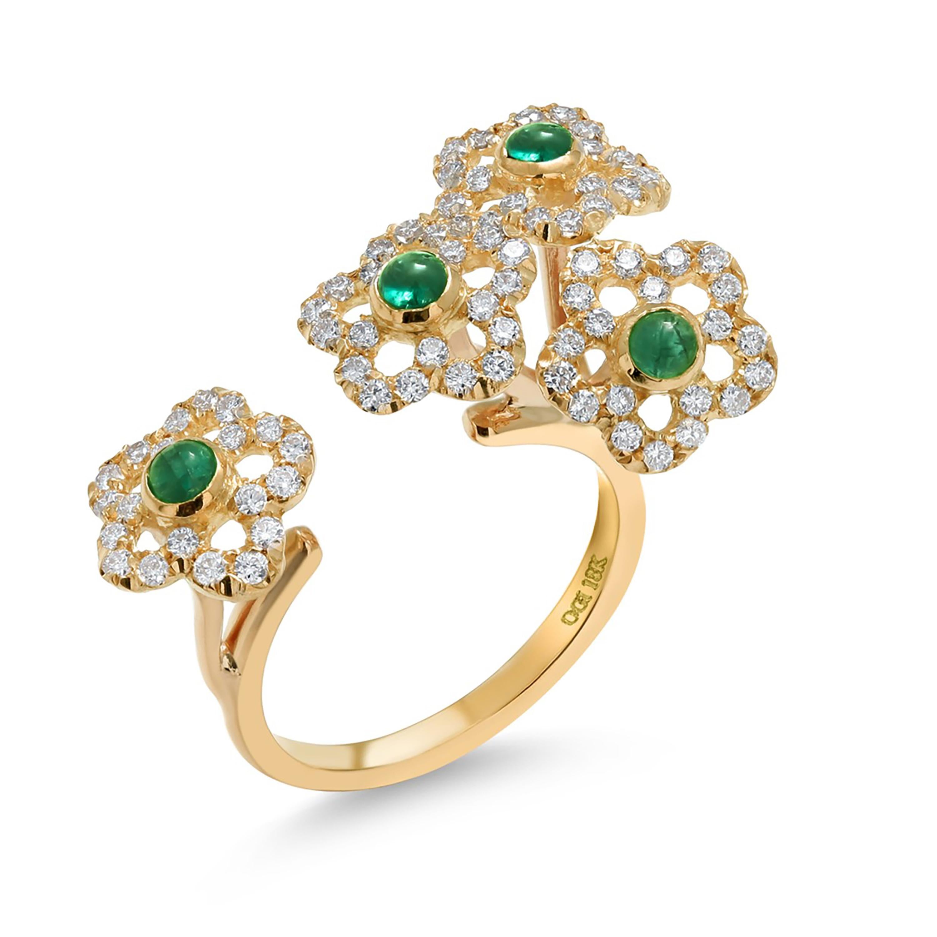 Women's Eighteen Karat Yellow Gold Split Shank Cabochon Emerald and Diamond Cluster Ring