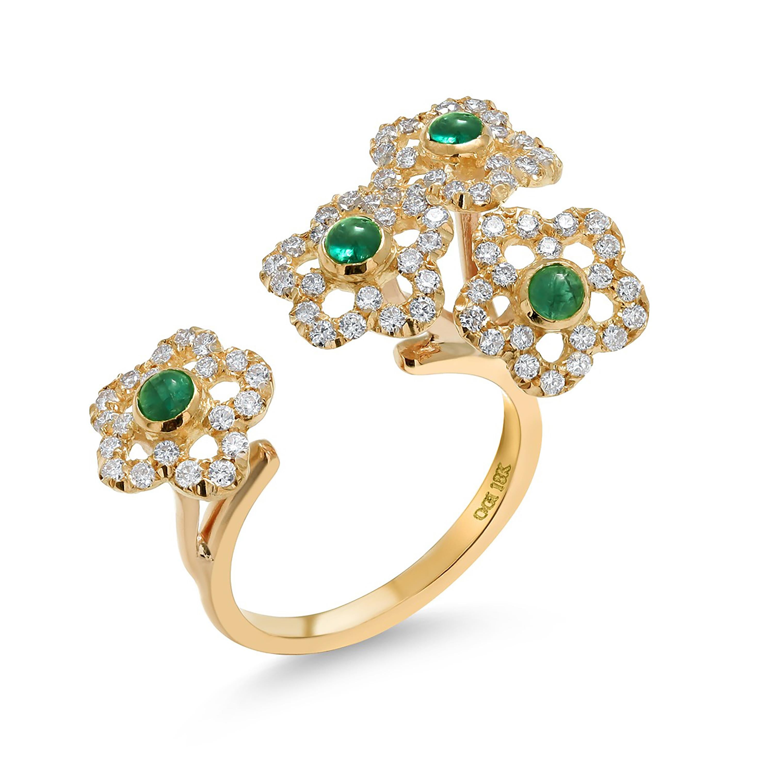Eighteen Karat Yellow Gold Split Shank Cabochon Emerald and Diamond Cluster Ring 2