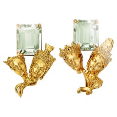 Eighteen Karat Yellow Gold Stud Contemporary Earrings with Minty Quartzes