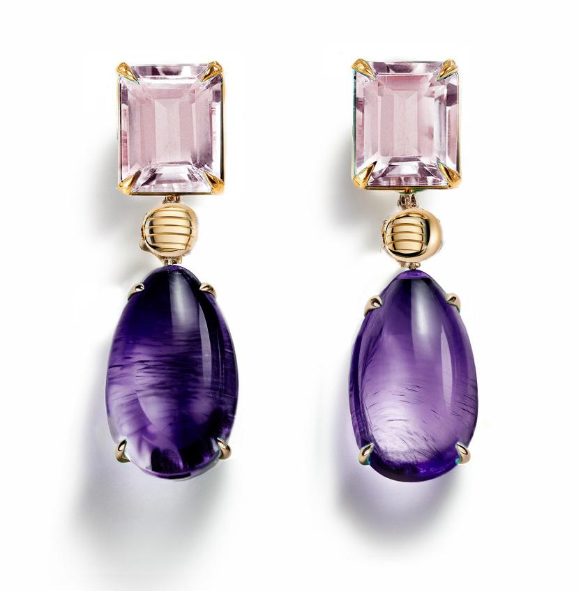 Cabochon Eighteen Karat Yellow Gold Stud Drop Earrings with Amethysts and Rose Quartzes For Sale