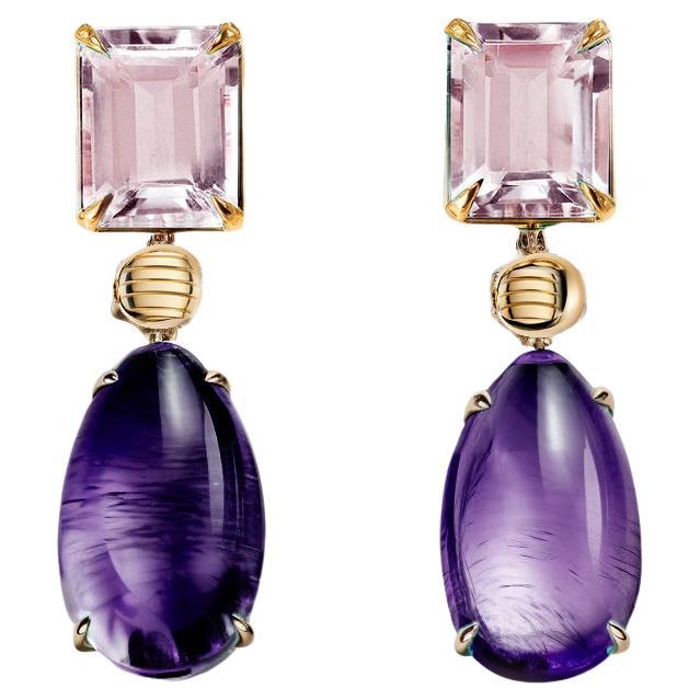 Eighteen Karat Yellow Gold Stud Drop Earrings with Amethysts and Rose Quartzes