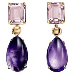 Eighteen Karat Yellow Gold Stud Drop Earrings with Amethysts and Rose Quartzes