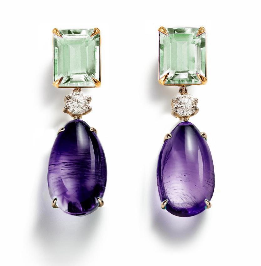Eighteen Karat Yellow Gold Stud Drop Earrings with Amethysts and Sapphires For Sale 9