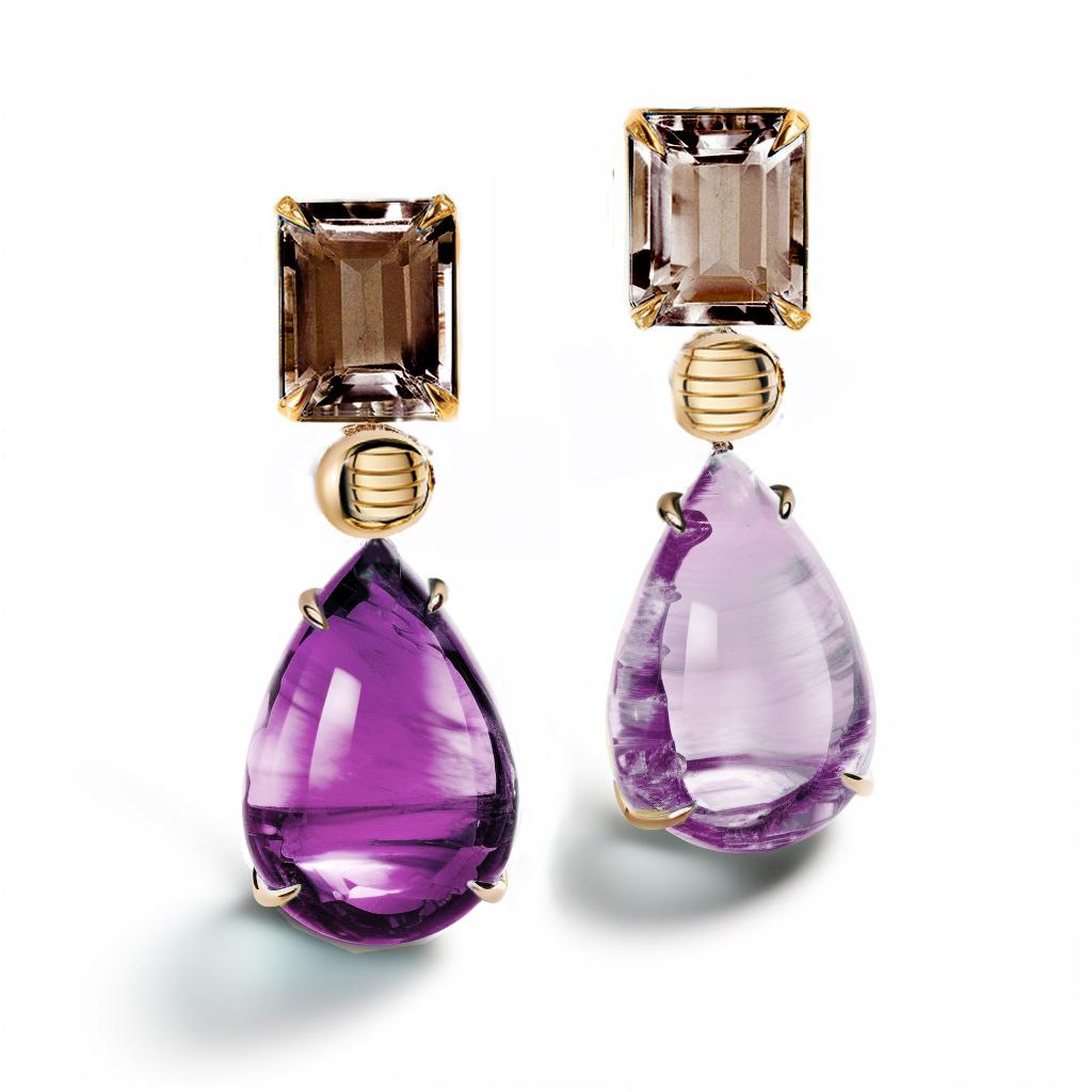 Pendientes de oro amarillo de dieciocho quilates con amatistas y cuarzos ahumados Contemporáneo en venta