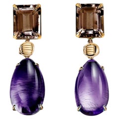 Eighteen Karat Yellow Gold Stud Drop Earrings with Amethysts and Smoky Quartzes