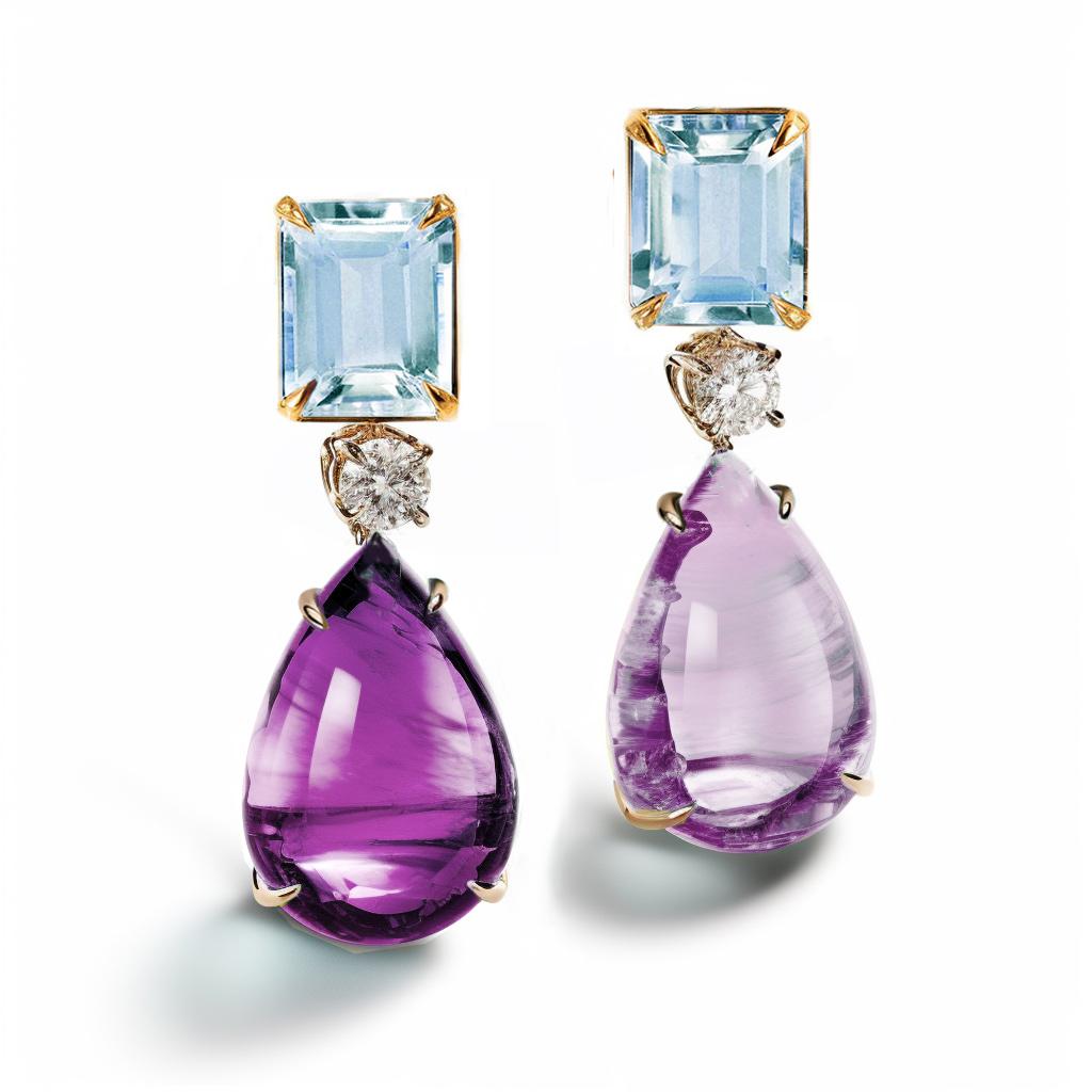 Contemporary Eighteen Karat Yellow Gold Stud Drop Earrings with Amethysts and Topazes For Sale