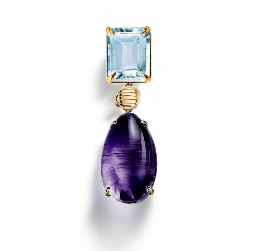 Cabochon Eighteen Karat Yellow Gold Stud Drop Earrings with Amethysts and Topazes For Sale