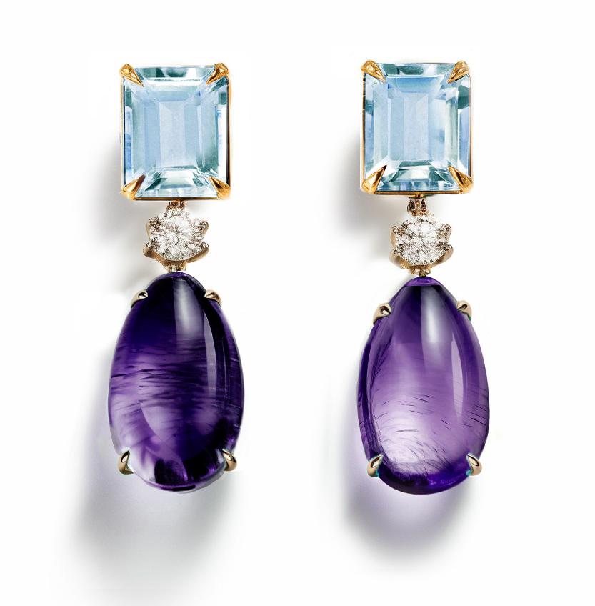 Cabochon Eighteen Karat Yellow Gold Stud Drop Earrings with Amethysts and Topazes For Sale