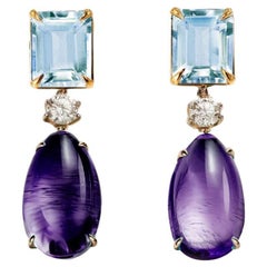 Boucles d'oreilles pendantes en or jaune 18 carats avec améthystes et topazes