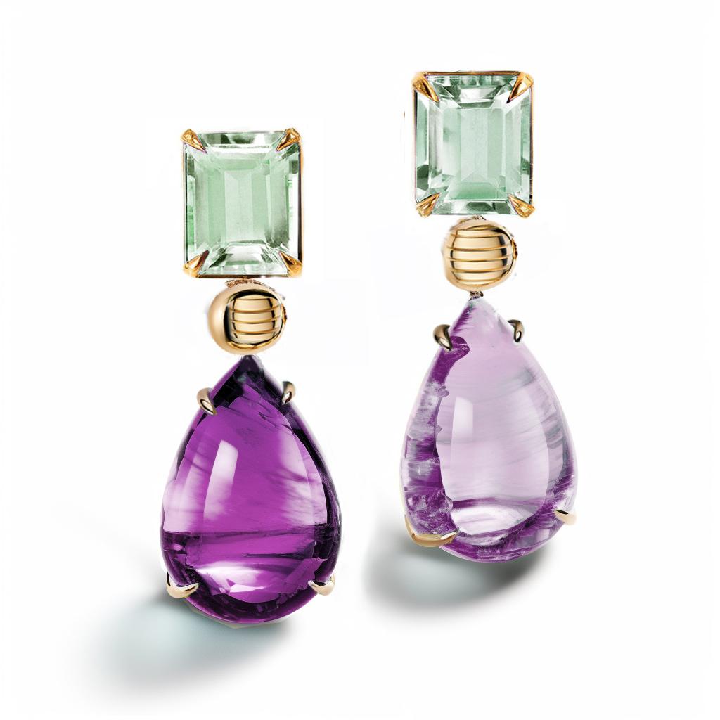Contemporary Eighteen Karat Yellow Gold Stud Drop Earrings with Amethysts For Sale