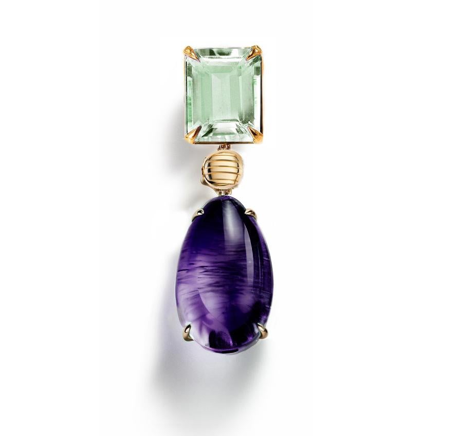 Women's Eighteen Karat Yellow Gold Stud Drop Earrings with Amethysts For Sale