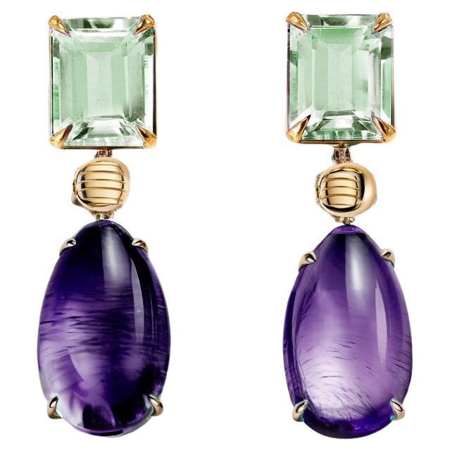 Eighteen Karat Yellow Gold Stud Drop Earrings with Amethysts