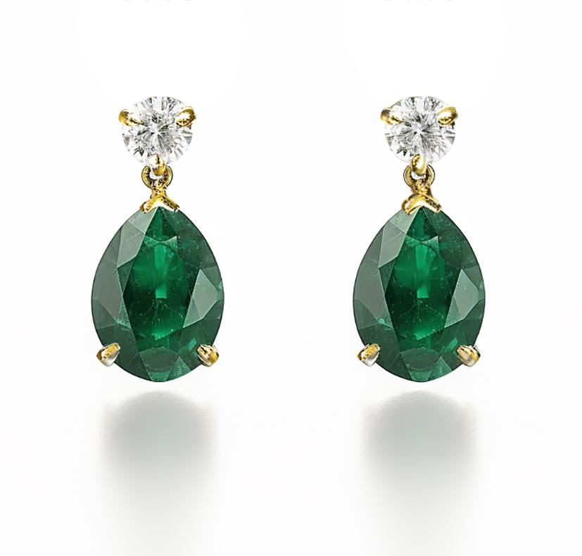 Eighteen Karat Yellow Gold Stud Drop Earrings with Emeralds and Diamonds For Sale 4