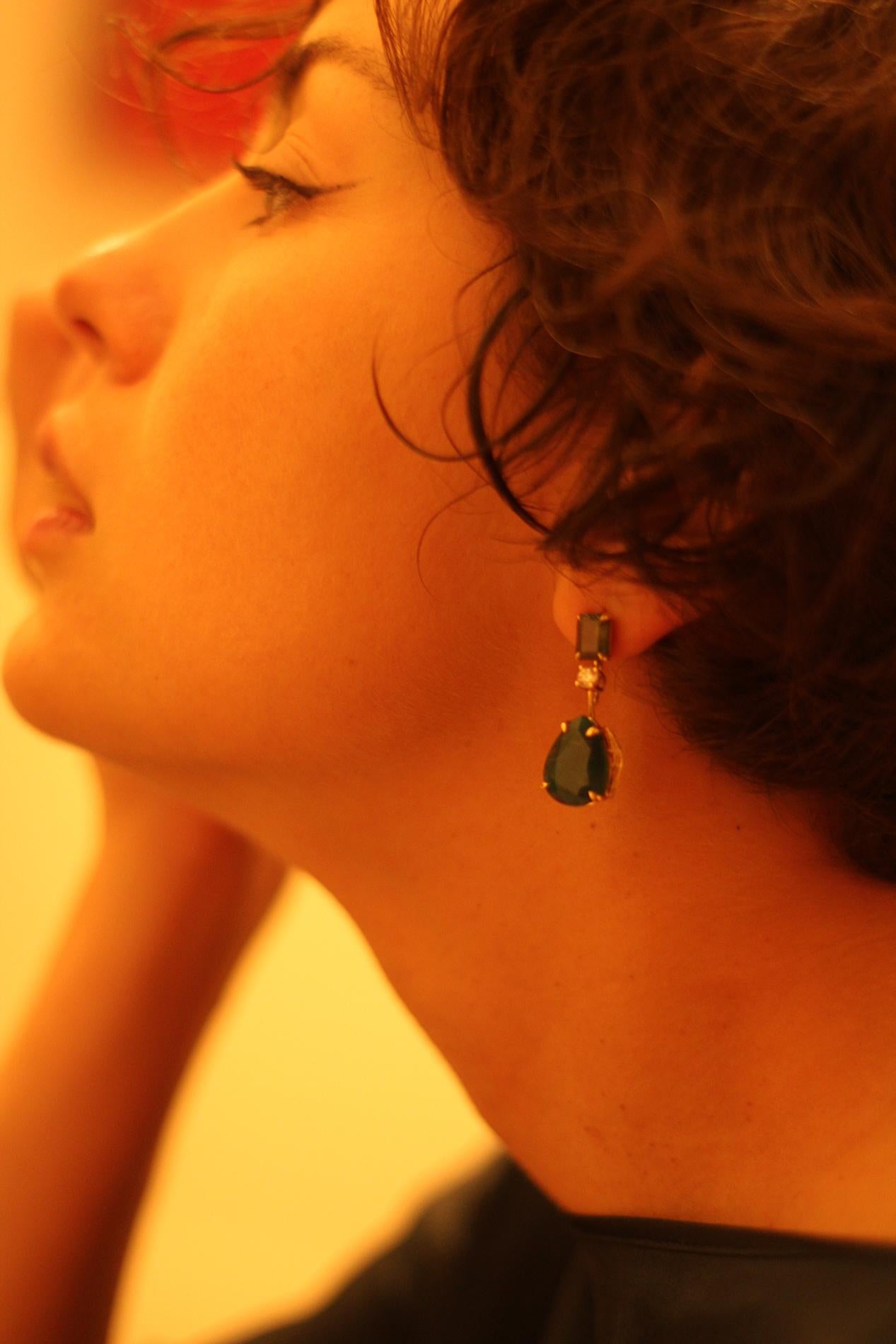 Pear Cut Eighteen Karat Yellow Gold Stud Drop Earrings with Emeralds and Diamonds For Sale