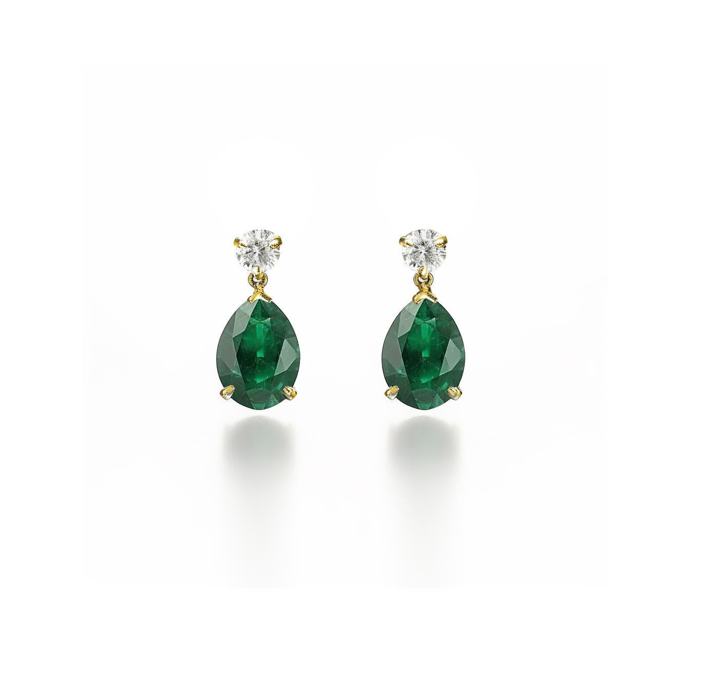 Eighteen Karat Yellow Gold Stud Drop Earrings with Emeralds and Diamonds For Sale 2