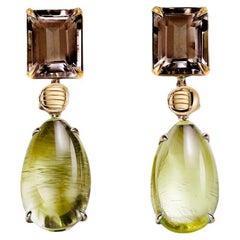 Eighteen Karat Yellow Gold Stud Drop Earrings with Peridots and Smoky Quartzes