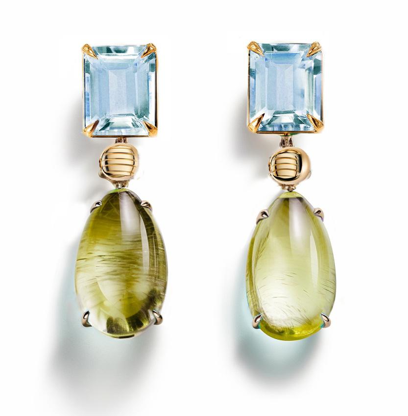 Eighteen Karat Yellow Gold Stud Drop Earrings with Peridots and Topazes For Sale 2