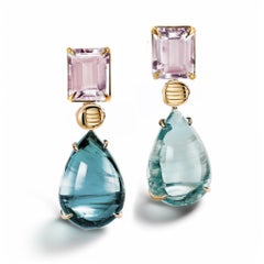 Eighteen Karat Yellow Gold Stud Earrings with Rose Quartzes and Beryls