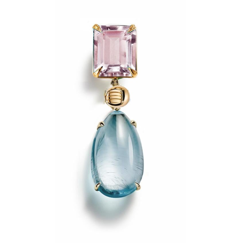 Contemporary Eighteen Karat Yellow Gold Stud Drop Earrings with Rose Quartzes and Beryls For Sale