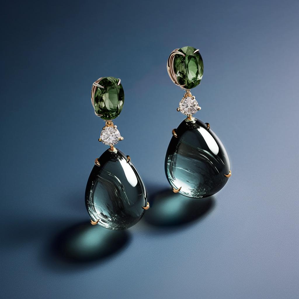 These contemporary stud drop earrings are made of 18 karat yellow gold with natural green sapphires (oval cut), cabochon beryls and round diamonds. We work with german gems company, that is in the market since the 19th century. 

The earrings can be