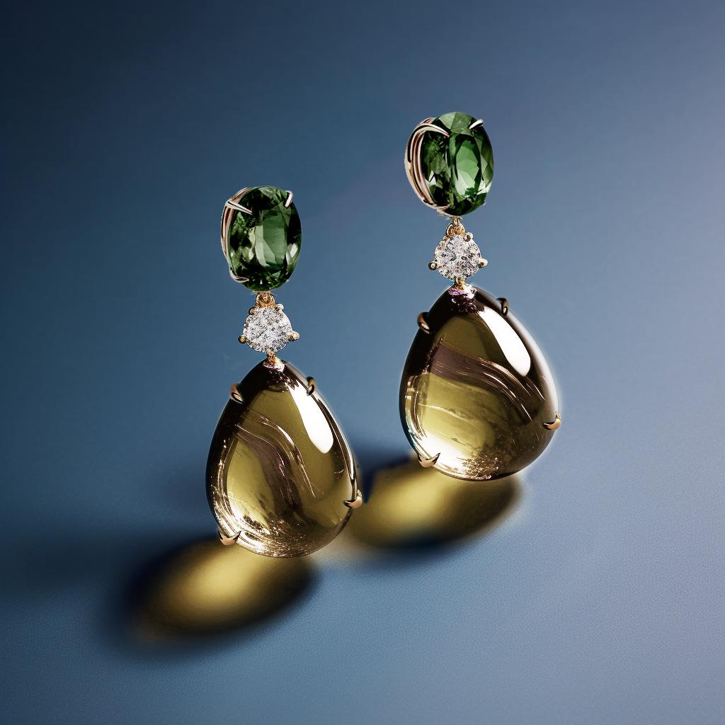 These contemporary stud drop earrings are made of 18 karat yellow gold with natural green sapphires (oval cut), cabochon transparent citrines and round grey diamonds. We work with german gems company, that is in the market since the 19th century.
