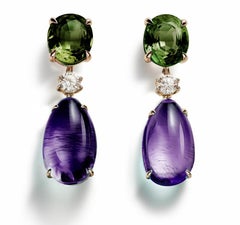 Eighteen Karat Yellow Gold Stud Drop Earrings with Sapphires and Diamonds