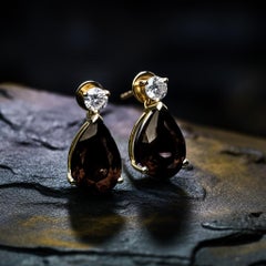 Eighteen Karat Yellow Gold Stud Drop Earrings with Sapphires and Smoky Quartzes