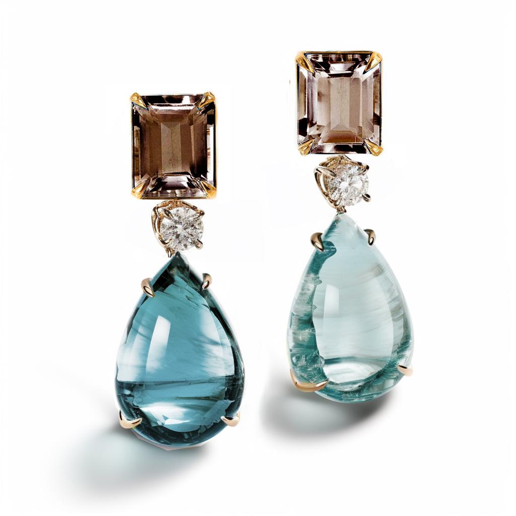 Contemporary Eighteen Karat Yellow Gold Stud Drop Earrings with Sapphires and Smoky Quartzes For Sale