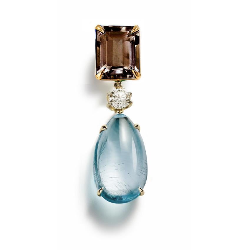 Cabochon Eighteen Karat Yellow Gold Stud Drop Earrings with Sapphires and Smoky Quartzes For Sale