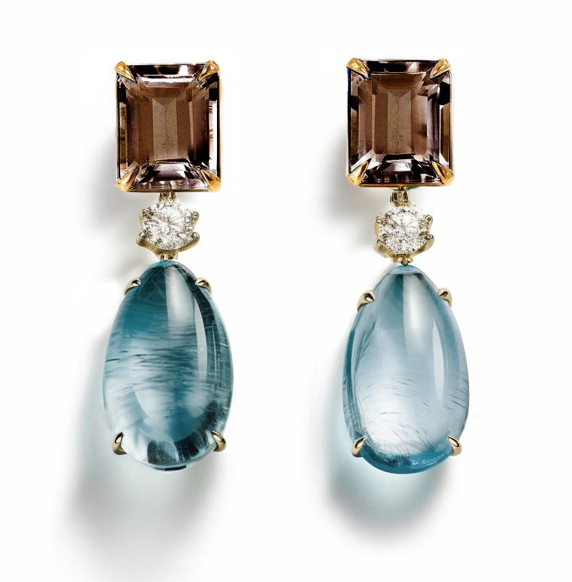 Eighteen Karat Yellow Gold Stud Drop Earrings with Sapphires and Smoky Quartzes For Sale 1