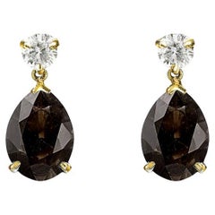Eighteen Karat Yellow Gold Stud Drop Earrings with Sapphires and Smoky Quartzes