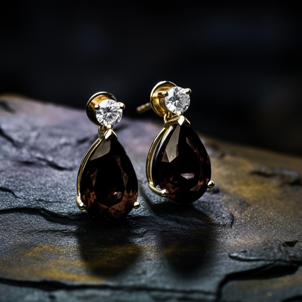 These contemporary stud drop earrings are made of 18 karat yellow gold with pear cut smoky quartzes and round diamonds. We work with german gems company, that is in the market since the 19th century. It may have a crocodile detail on the side of one