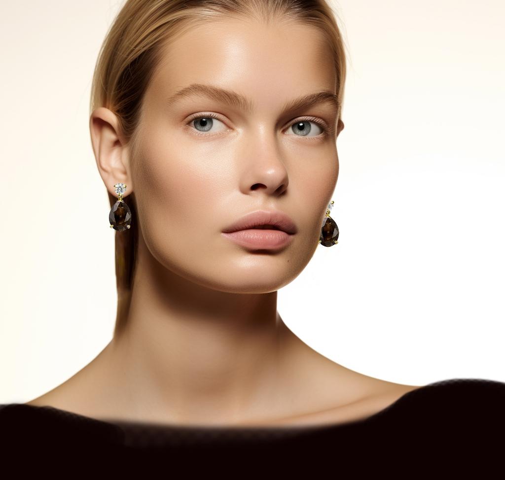 Round Cut Eighteen Karat Yellow Gold Stud Drop Earrings with Smoky Quartzes and Diamonds For Sale