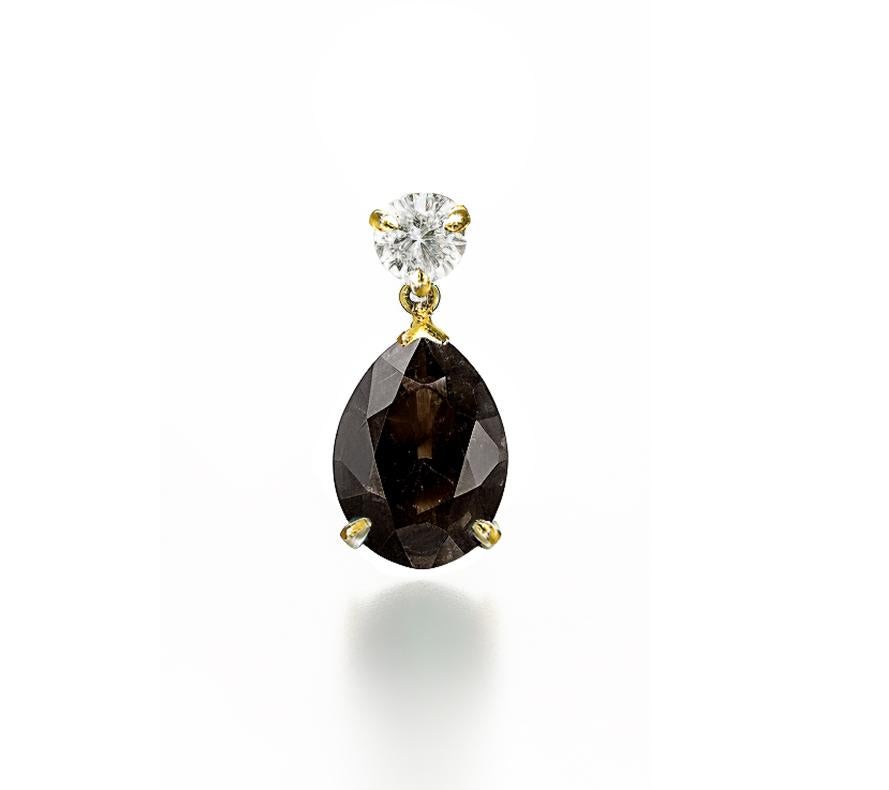 Eighteen Karat Yellow Gold Stud Drop Earrings with Smoky Quartzes and Diamonds For Sale 1