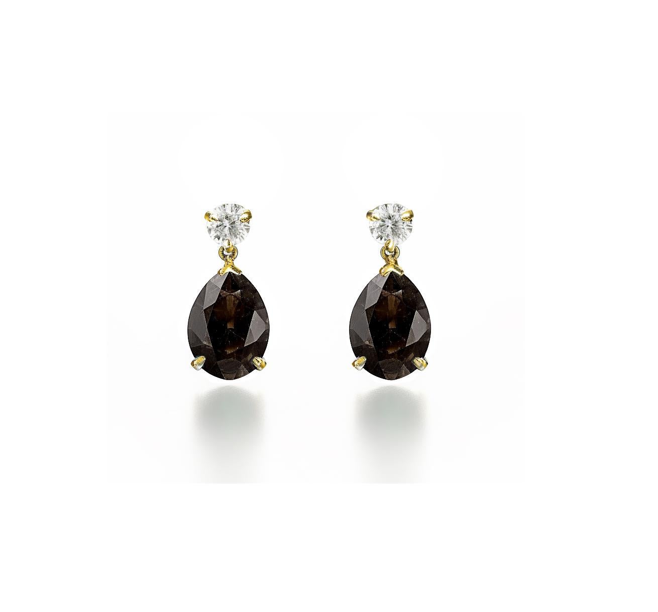 Eighteen Karat Yellow Gold Stud Drop Earrings with Smoky Quartzes and Diamonds For Sale 2