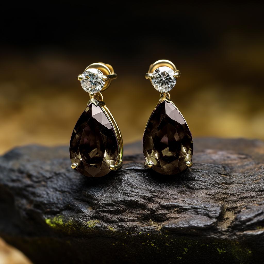 Eighteen Karat Yellow Gold Stud Drop Earrings with Smoky Quartzes and Diamonds For Sale 3