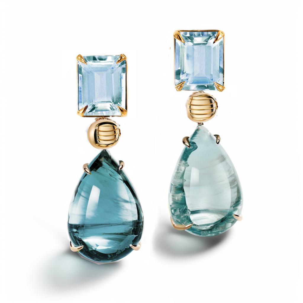 These contemporary stud drop earrings are made of 18 karat yellow gold with natural cabochon beryls and topazes. It has a crocodile detail on the side of one gem.
We work with german gems company, that is in the market since the 19th century.

The