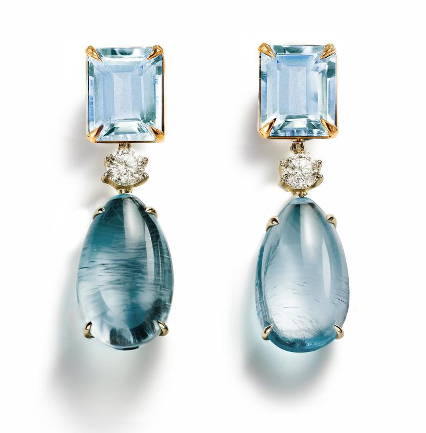Eighteen Karat Yellow Gold Stud Drop Earrings with Topazes and Beryls In New Condition For Sale In Berlin, DE