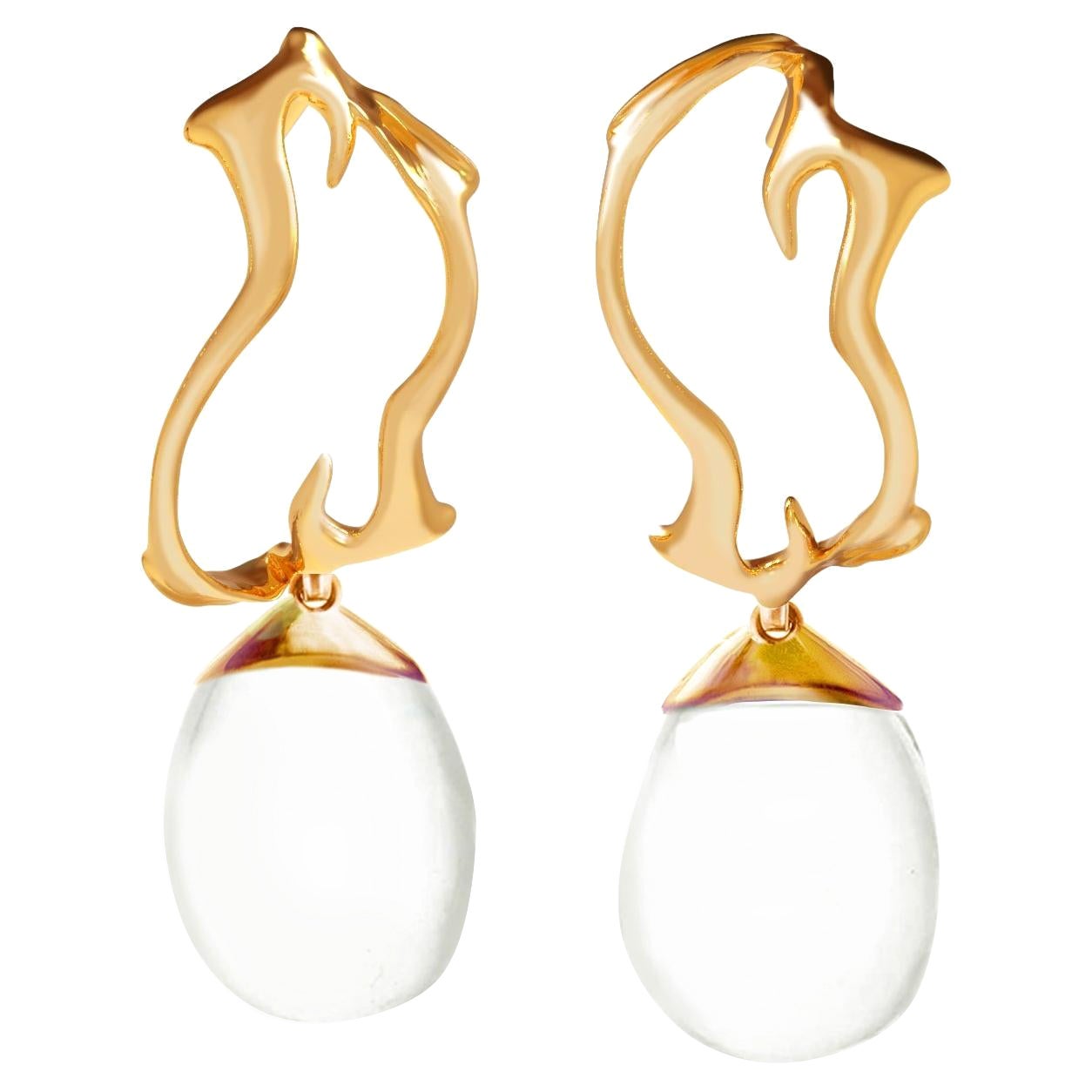 Boucles d'oreilles tibétaines en or jaune dix-huit carats avec gouttes détachables en quartz
