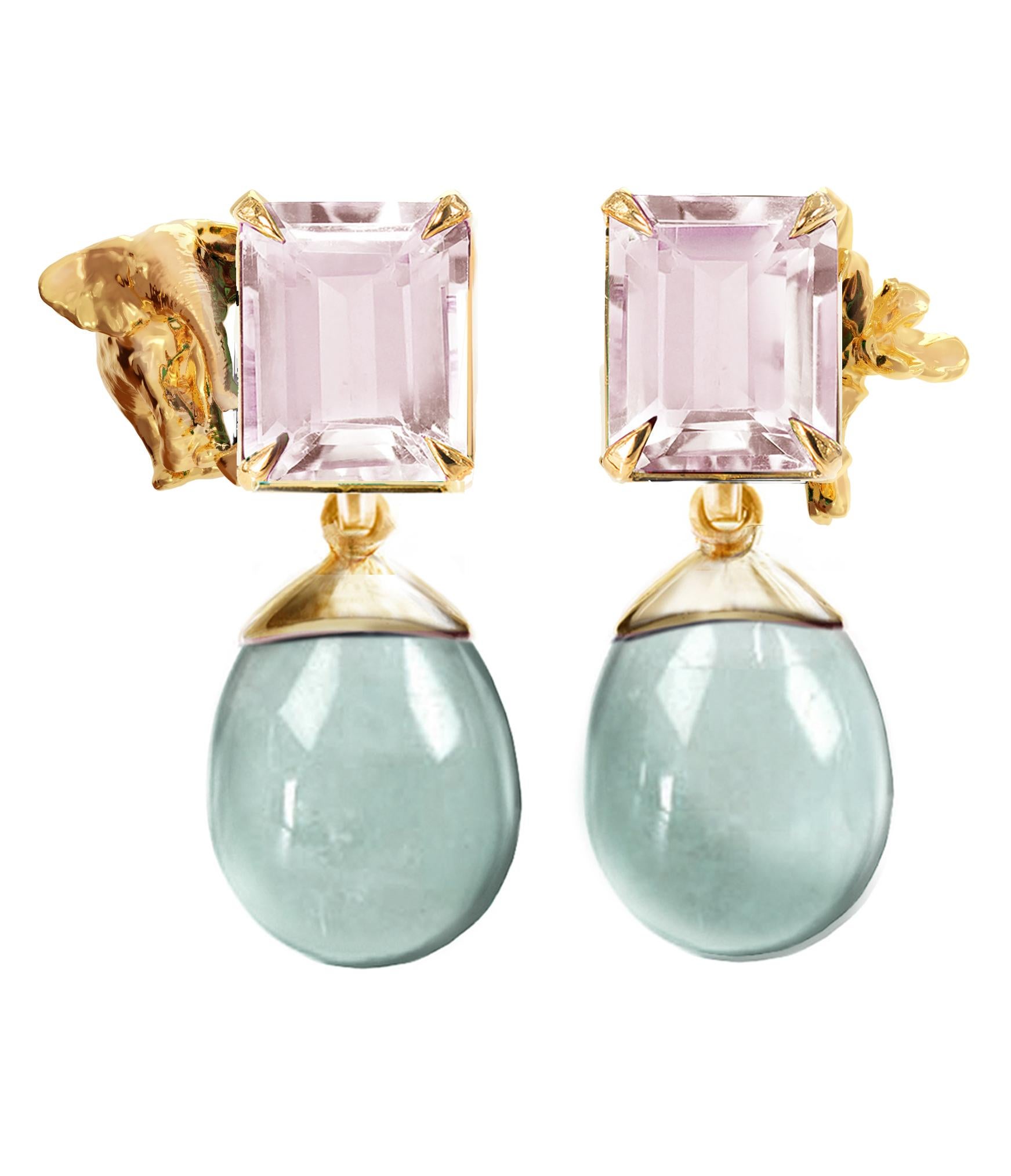Ces boucles d'oreilles contemporaines en forme de transformateur sont réalisées en or jaune 18 carats et mettent en valeur des quartz prasiolite naturels transparents détachables (taille en goutte) et des améthystes naturelles. Il s'agit d'une pièce