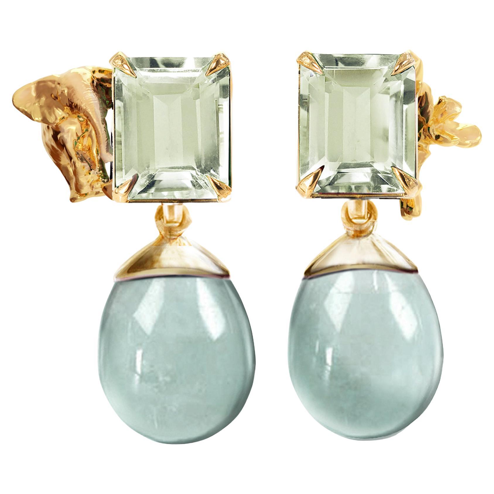 Eighteen Karat Yellow Gold Transformer Earrings with Detachable Minty Quartzes