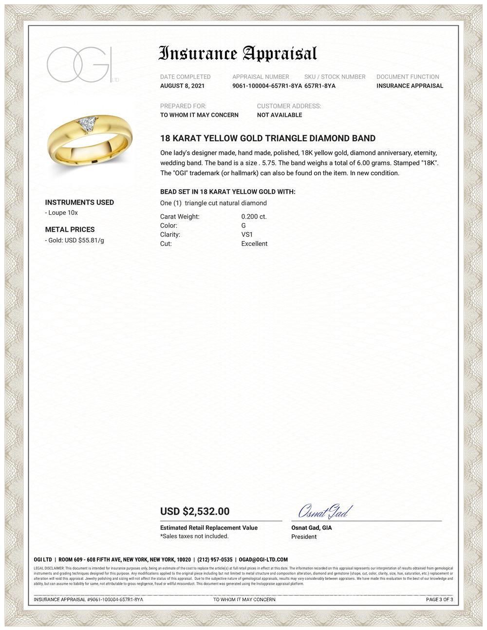 Eighteen karats yellow gold band
Triangle diamond weighing 0.20 carat   
Band width 4.25 millimeter    
Semi matt finish                                                               
Ring size 5.75 In Stock
The ring can be resized 
New