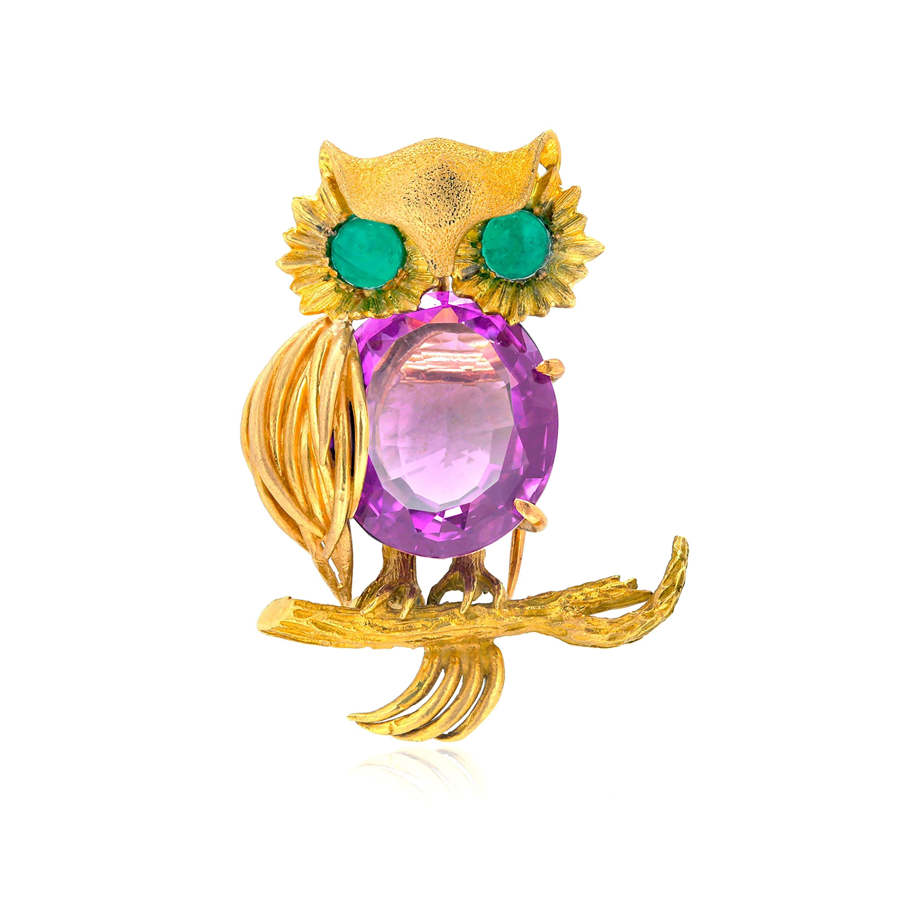 Oval Cut Eighteen Karat Yellow Gold Vintage Amethyst Owl Brooch Emerald Eyes 1.60 Inch 