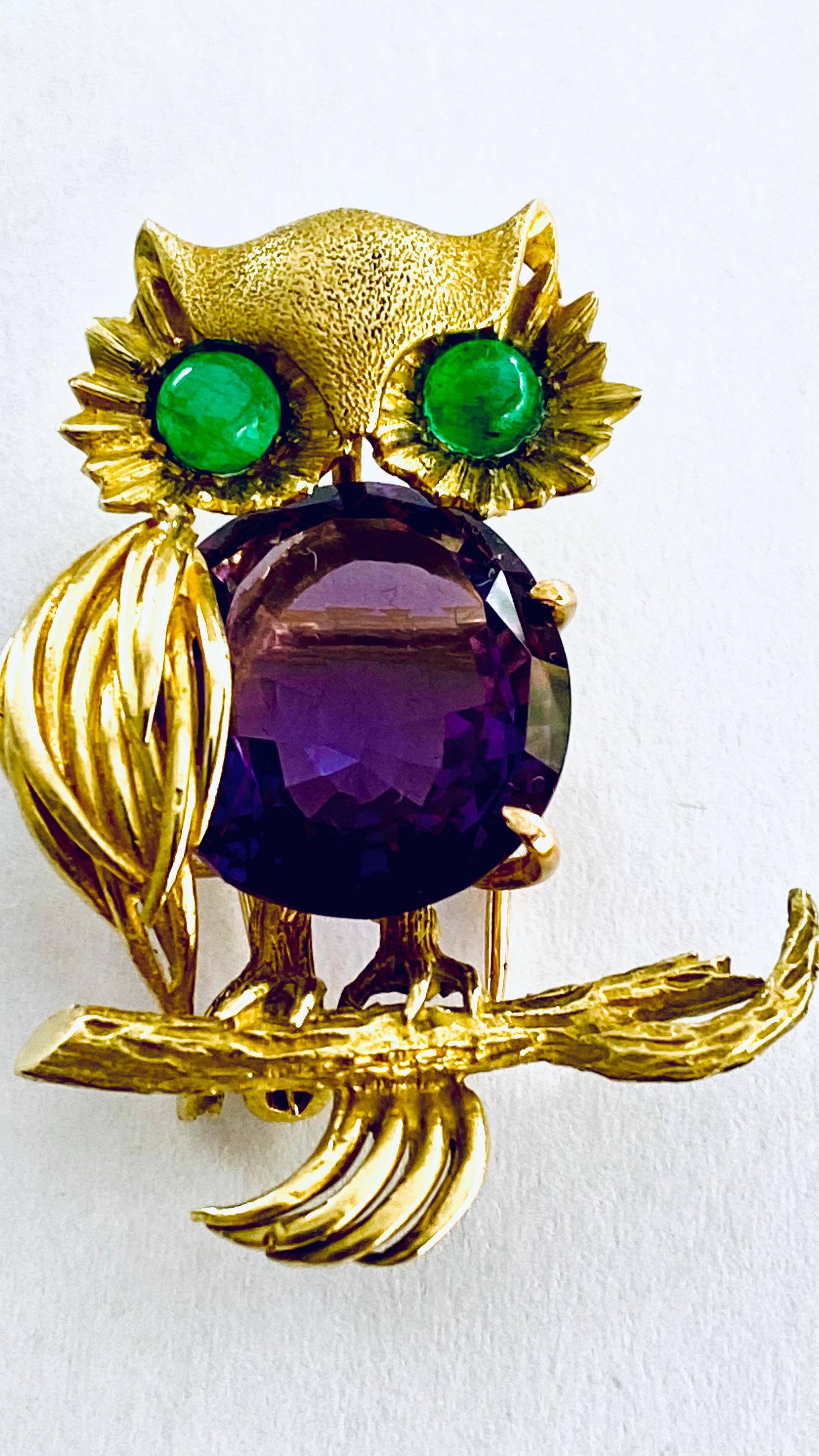 Eighteen Karat Yellow Gold Vintage Amethyst Owl Brooch Emerald Eyes 1.60 Inch 1