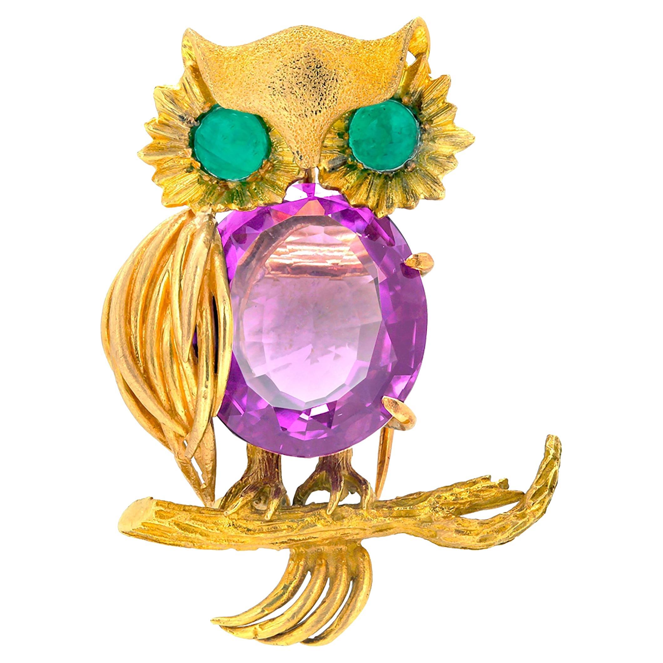 Eighteen Karat Yellow Gold Vintage Amethyst Owl Brooch Emerald Eyes 1.60 Inch 