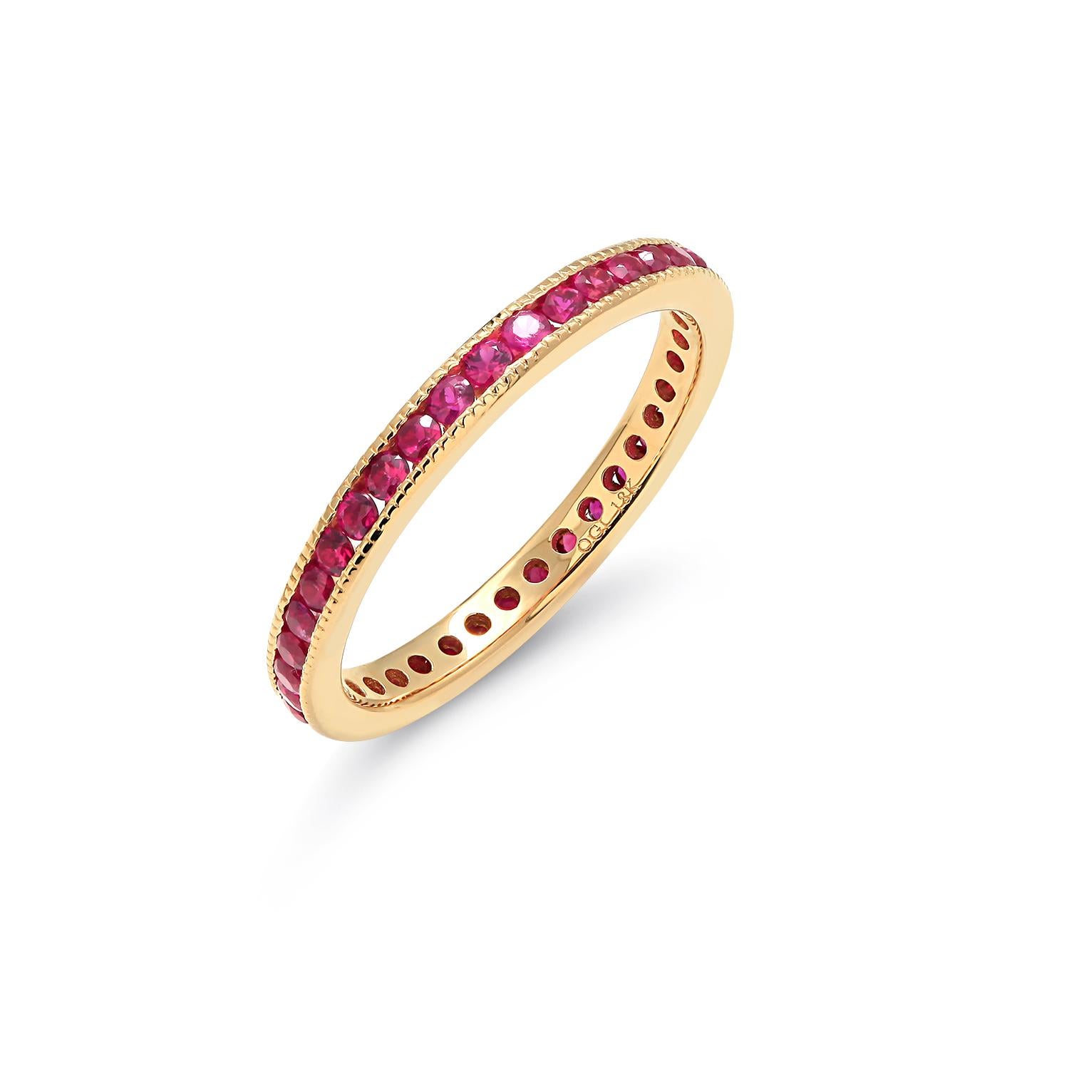 Eighteen Karats Yellow Gold Ruby Eternity Band Milgrain Edge In New Condition In New York, NY