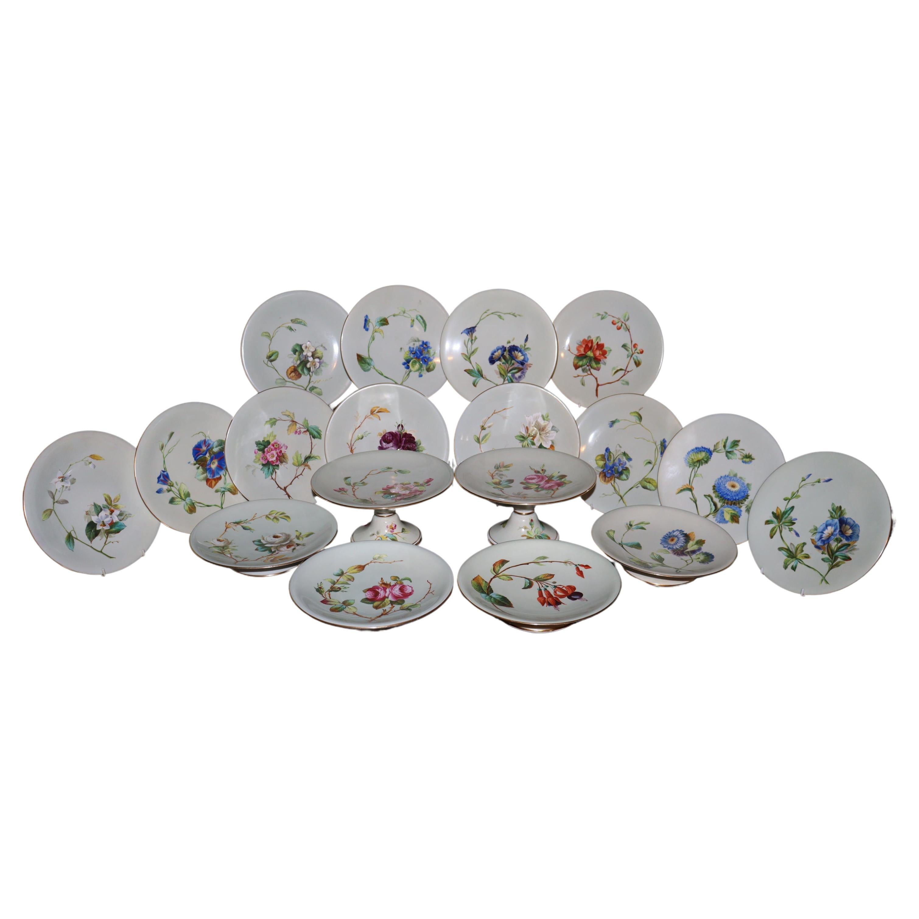 Eighteen piece hand painted porcelain dessert service by William Brownfield For Sale