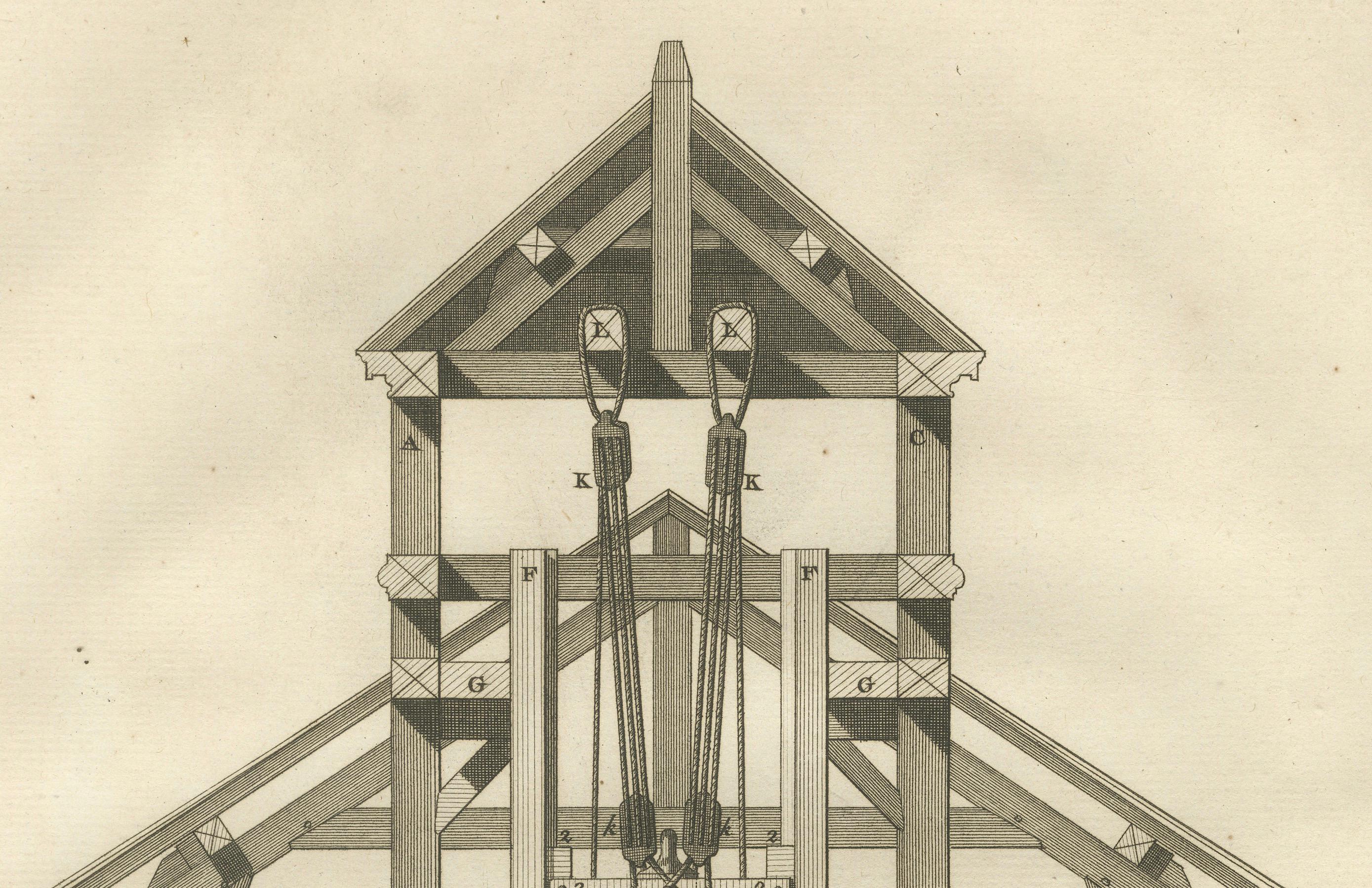 Gravure du XVIIIe siècle représentant une machine naissant d'un canon de Fonte des Canons Bon état - En vente à Langweer, NL