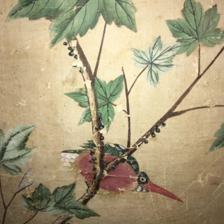 18th Century Hand Painted Chinese Wallpaper Three-Panel Screen In Fair Condition In Doylestown, PA